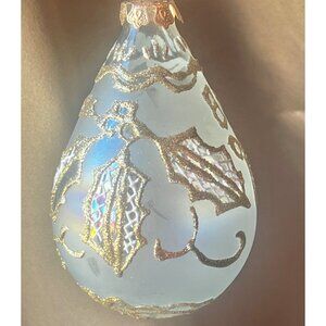 Blown Glass Frosted Teardrop Ornament With Gold Glitter Accents Iridescent Glass